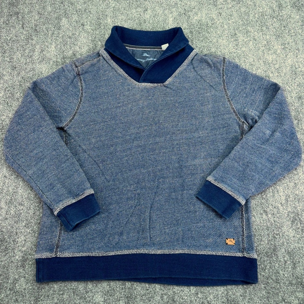 Tommy Bahama Sweater Men's Large Blue Textured Cotton Shawl Collar Long Sleeve